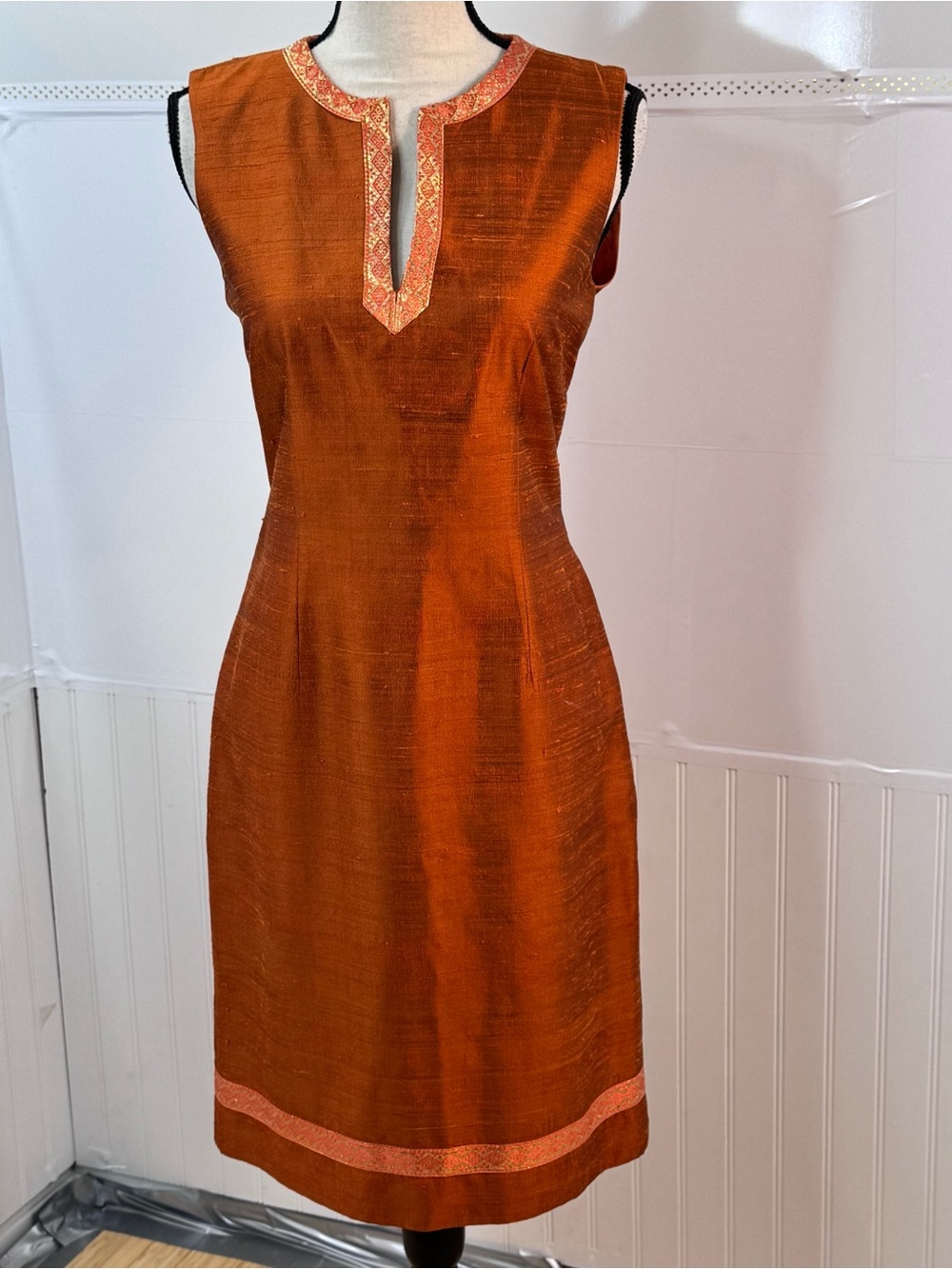 Vintage Spenser Jeremy Raw Silk Dress Rust Embroidered USA Sheath Boho Sz 6